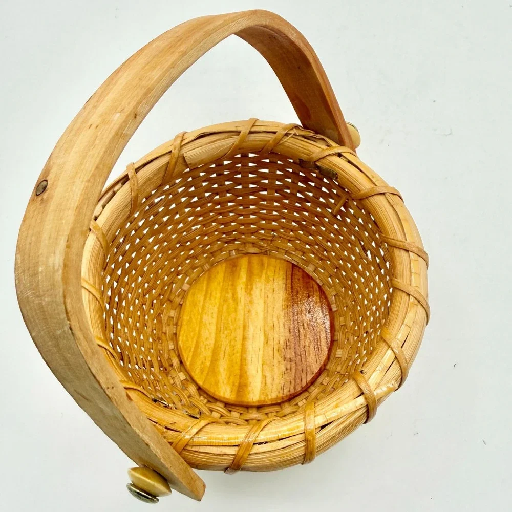 Vintage Nantucket Style Mini Basket Woven Rattan Bentwood Handle 4.5